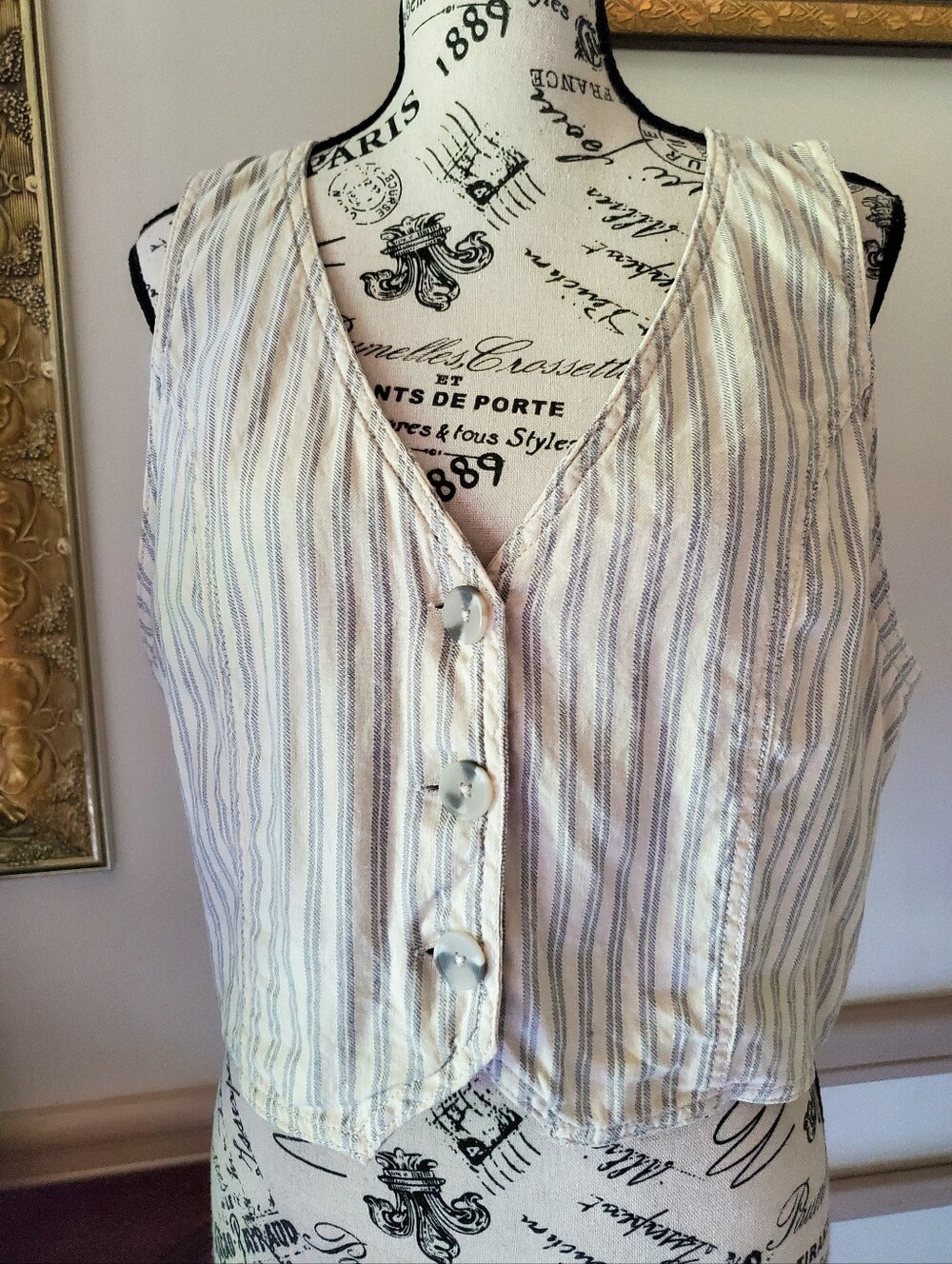 ANA Linen Cotton Striped Button Front Vest Tank Cream Blue Coastal Boho